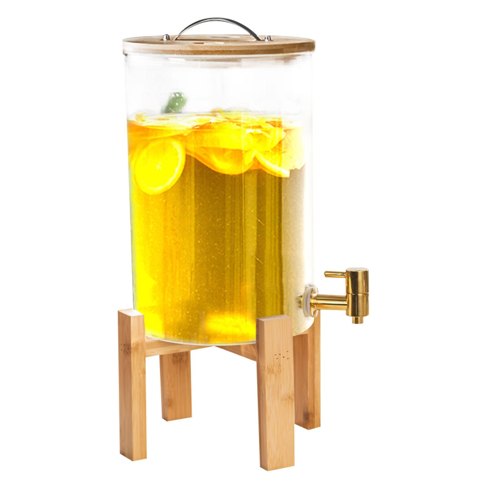 AYCDL Beverage Dispenser, Glass Drinks Dispenser with Stainless Steel Spigot Clear Drink Dispenser with Bamboo Stand Household Tea Barrel for Lemonade for M,5L