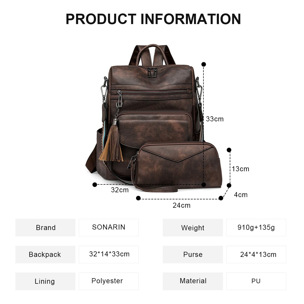 SONARIN PU Borsa Zaino Donna,Impermeabile Moda Zainetti con Pochette Retrò Antifurto Zaino Casual Borsa a Mano,Borse a Tracolla Convertibile per Scuola Lavoro Viaggio(Caffè)