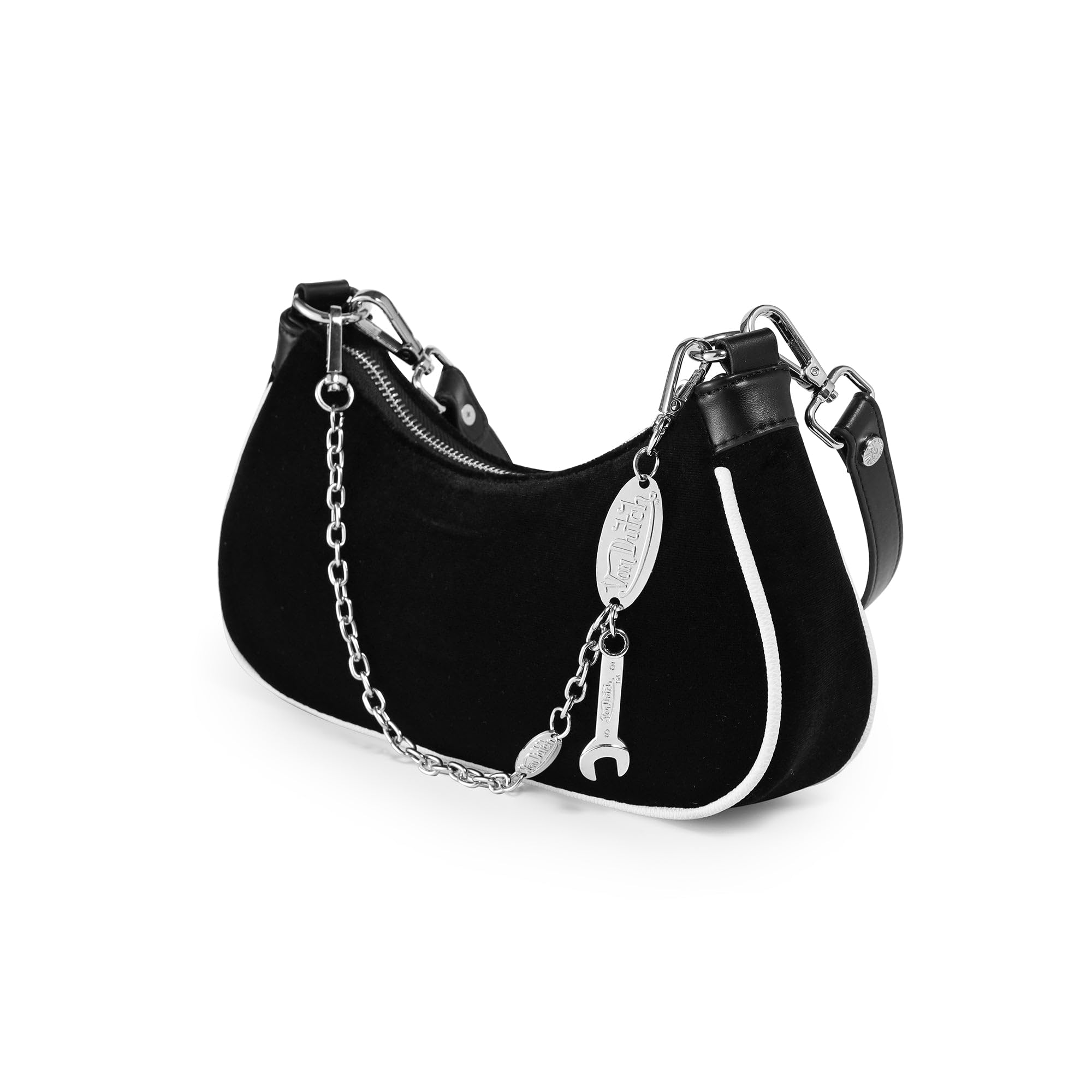 Von Dutch Womens Rhinestone Shoulder Bag – Stylish Handbag with Adjustable Strap, Spacious Interior, and Iconic Logo Design (Black and White Rhinestone)