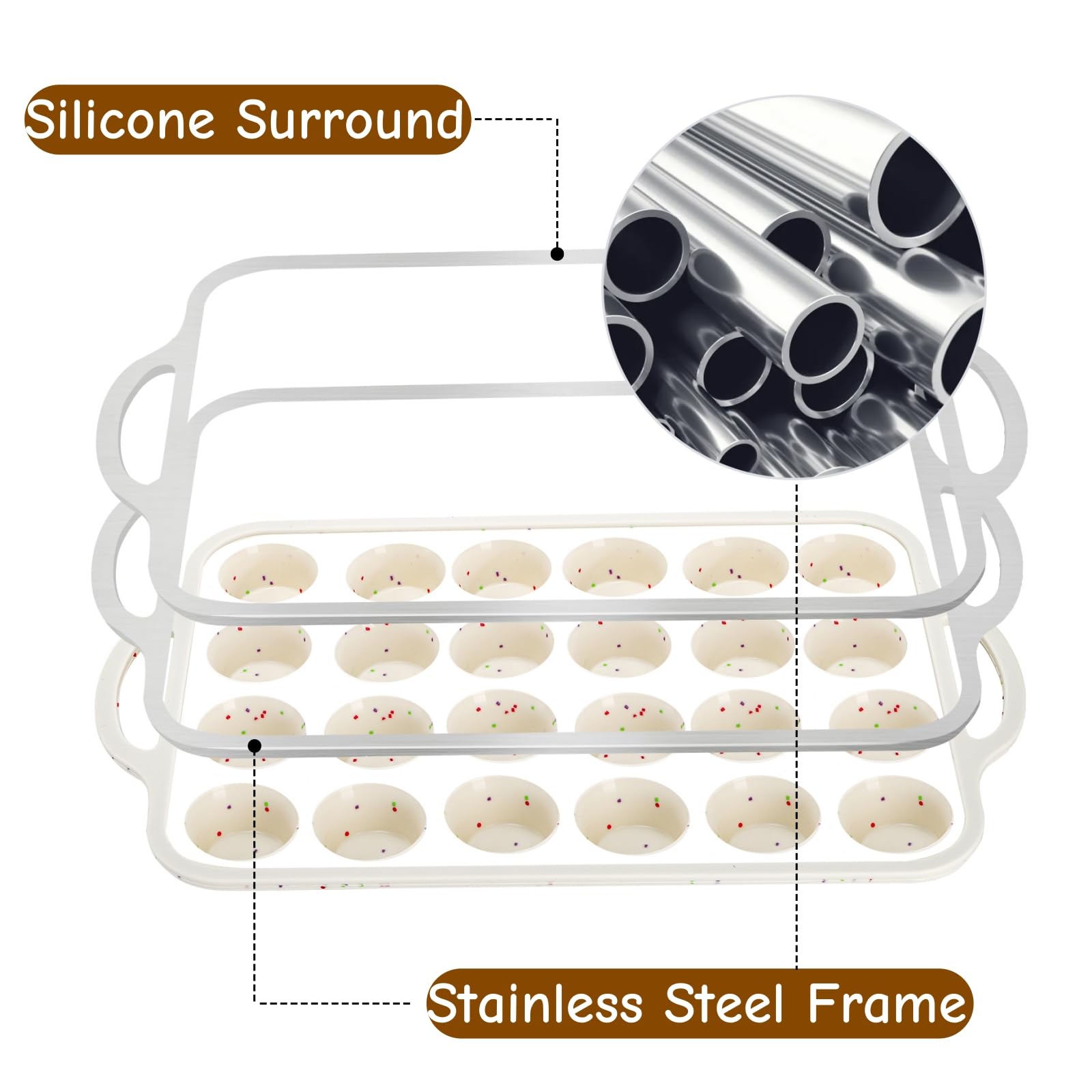 2 moldes de silicona para magdalenas, antiadherentes con asas, 24 mini tazas con marco reforzado de metal para hornear magdalenas, tartas, pasteles, pan