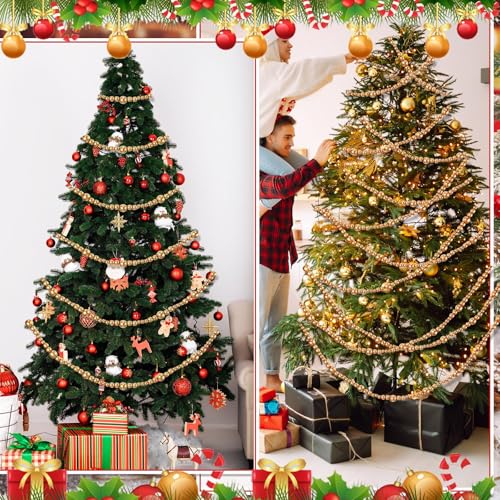 Zeyune 2 Pcs 131 Feet Christmas Beads Garland, 12-25 MM Wooden Beads & Gold Extra Long Christmas Tree Beaded Garlands for 2025 Rustic Natural Farmhouse Boho Home Xmas Decorations by Zeyune - Image 5