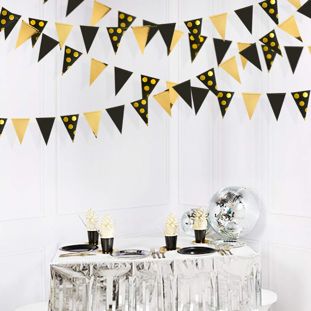 Wimpelkette mit Punkten, 90 cm, Schwarz/Gold, für Hochzeit, Brautparty, Geburtstag, Junggesellinnenabschied, Verlobung, Jahrestag, Urlaub, Partyzubehör