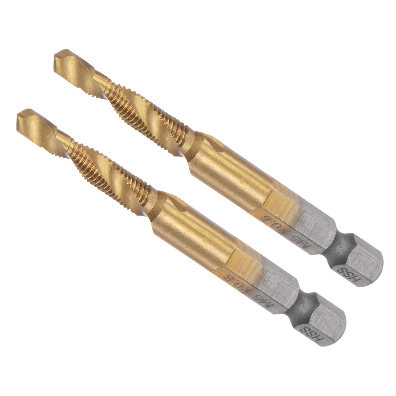 CoCud Combination Drill Tap Bit, M5 x 0.8 Thread Size 1/4" Shank, Titanium Coated High Speed Steel Long Tools - (Applications: for Aluminum Stainless Steel Plastic Long), 2-Pieces