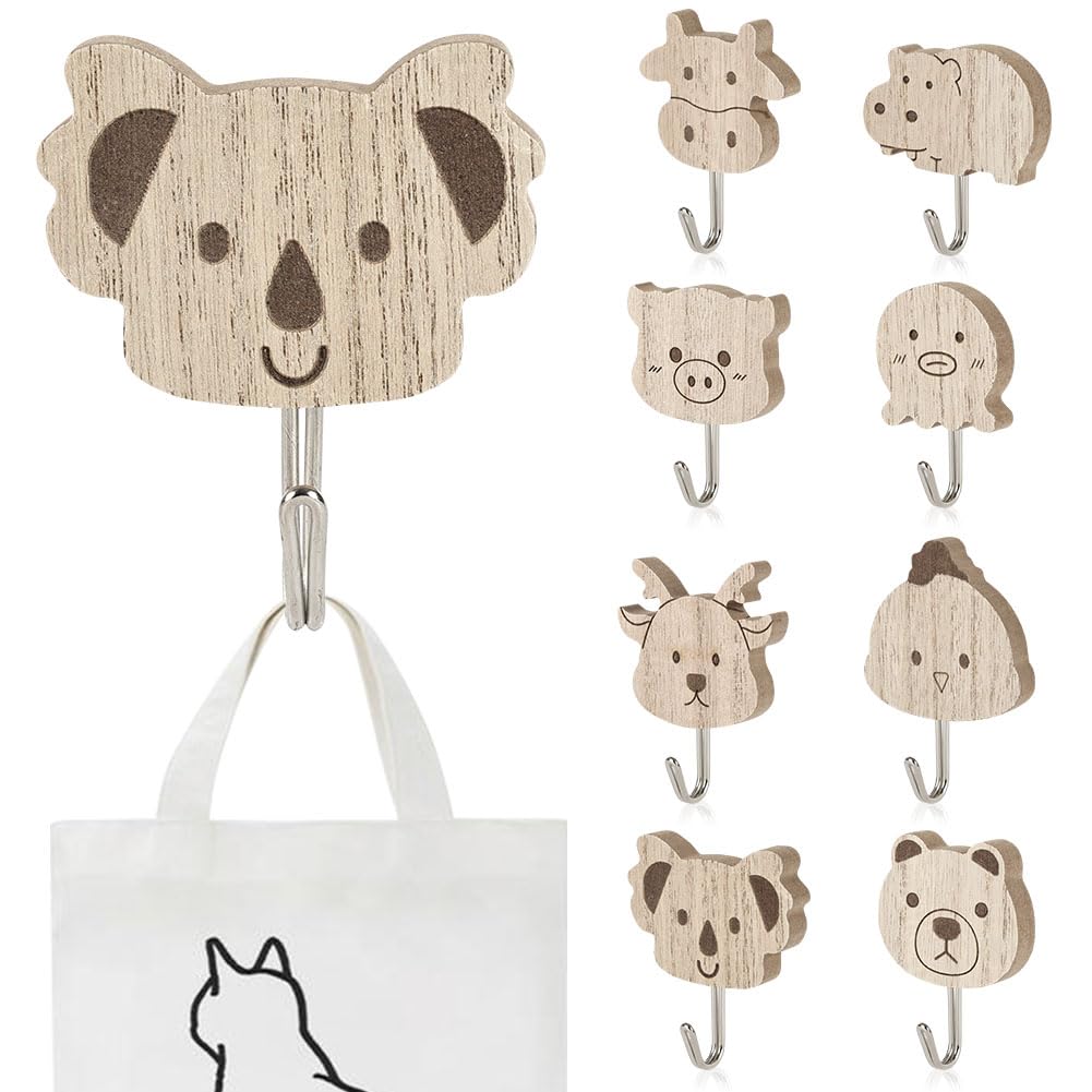 NUTKIT 8PCS Wooden Animal Wall Hooks, Different Shape Cute Animal Adhesive Coat Hook, Children's Coat Hanger Wood Hooks Self-Adhesive for Kids Room Baby Bedroom Bathroom Decor