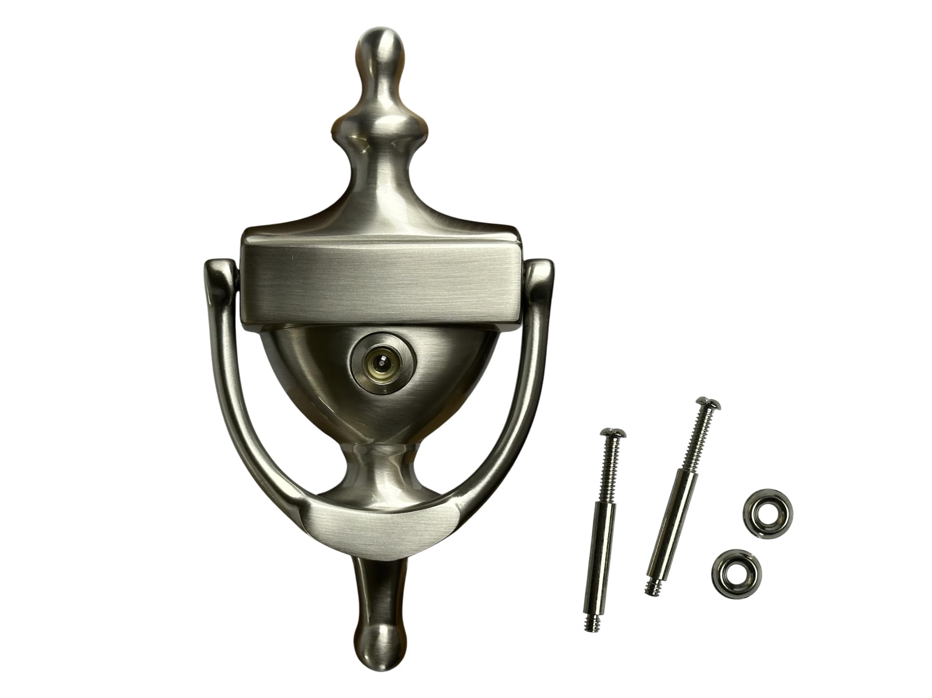 QCAA Solid Brass Door Knocker, 7", with 160 Degree Glass Len Door Viewer (UL Listed), Satin Nickel, 1 Pack