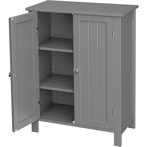 SUPER DEAL Modern Bathroom Floor Storage Cabinet with Adjustable Shelf and Double Door Rust Proof, Living Room Modern Home Furniture Storage Organizer Cabinet, Grey