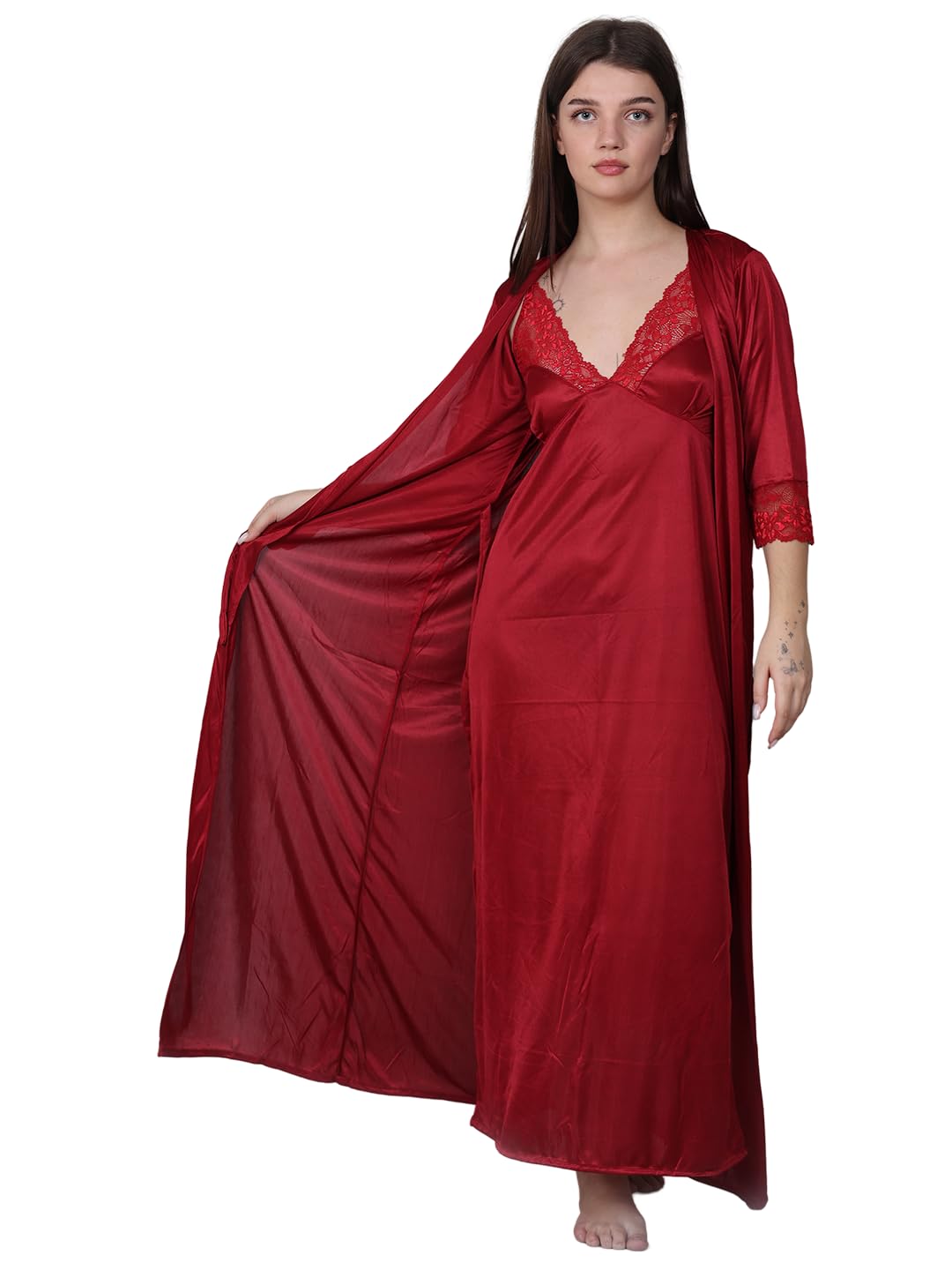 Conighty - Women's Satin Lace V-Neck Sleeveless Ankle Length Maxi 2pcs Nighty Robe Set II Bridal Nightwear Sexy Silky Lace Nighty II Attractive & Stylish Night Wear-picture-34