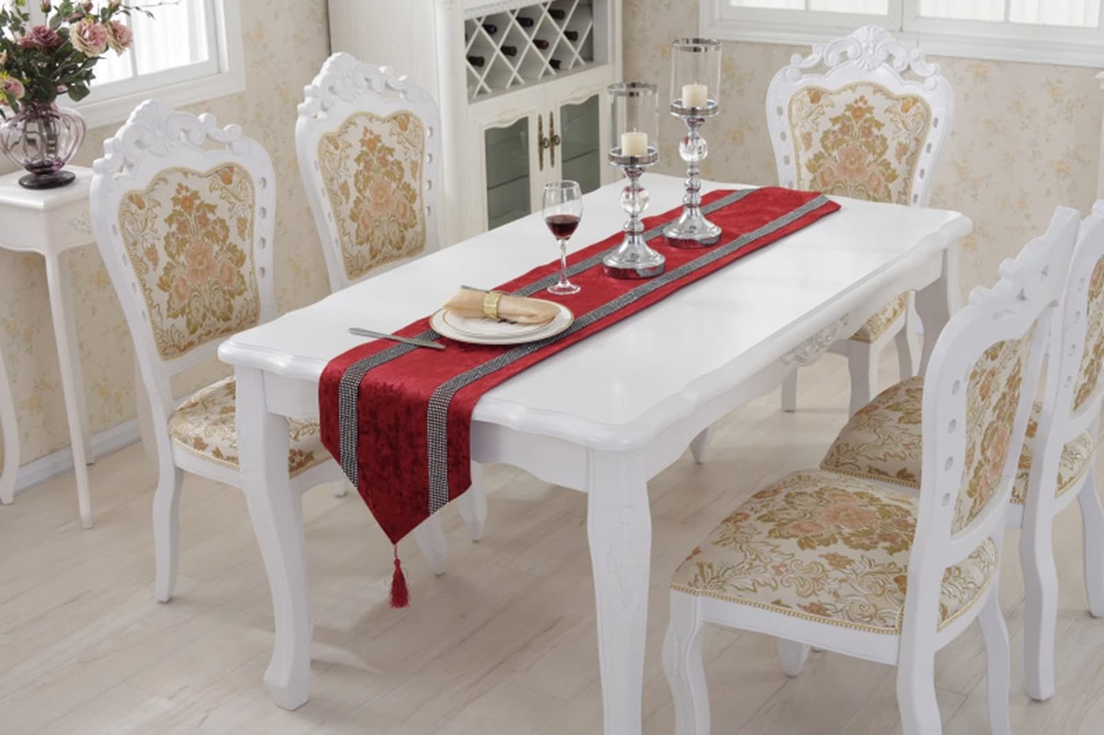 Mini bieżnik na stół, czerwony makramowy bieżnik na stół z cyrkoniami paski flanelowy bieżnik na stół 33 x 280 cm dekoracja kuchni dekoracje stołu dekoracje świąteczne