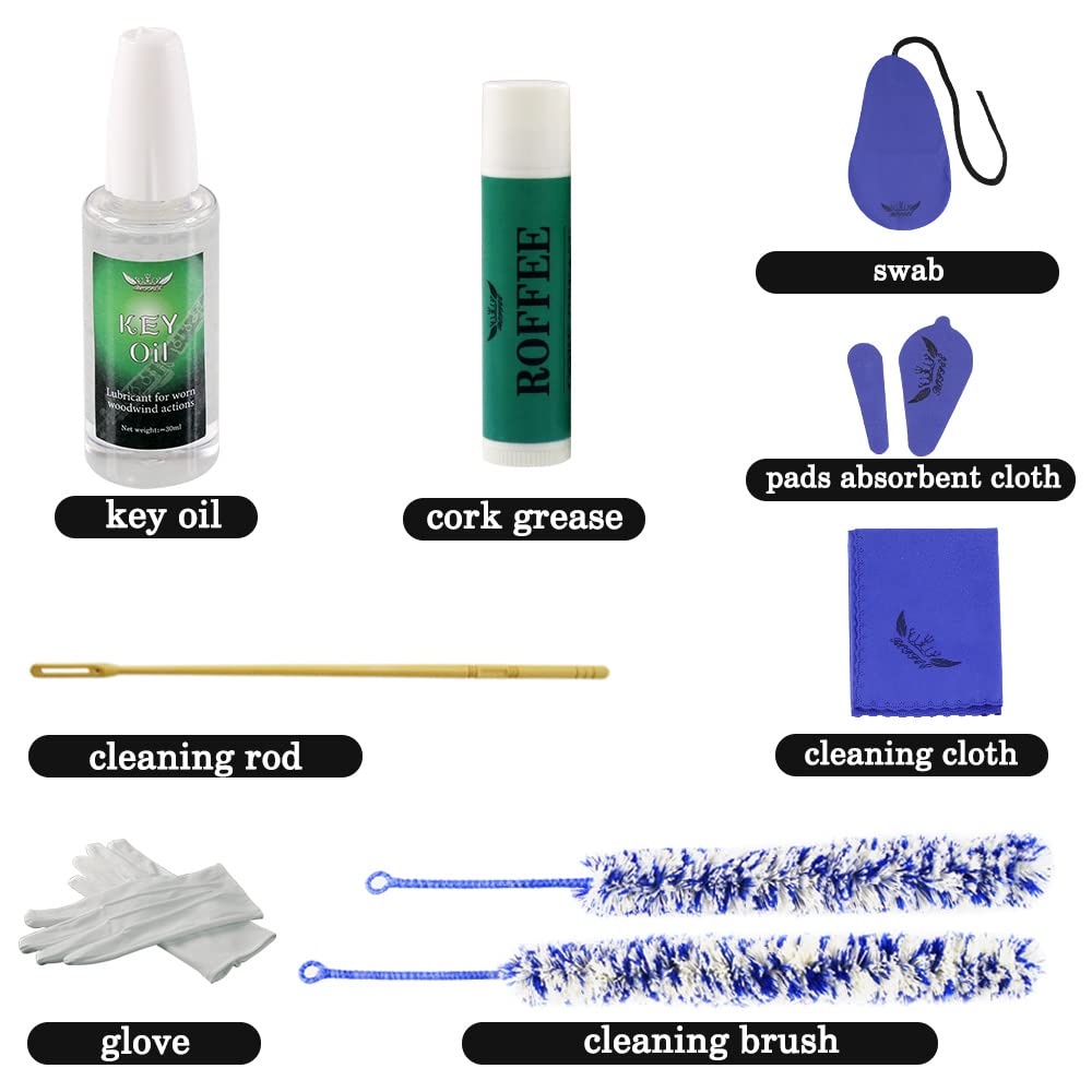 Kit de mantenimiento de limpieza de flauta, aceite de llave, grasa de corcho, hisopo, paño de limpieza, cepillo de limpieza, varilla de limpieza