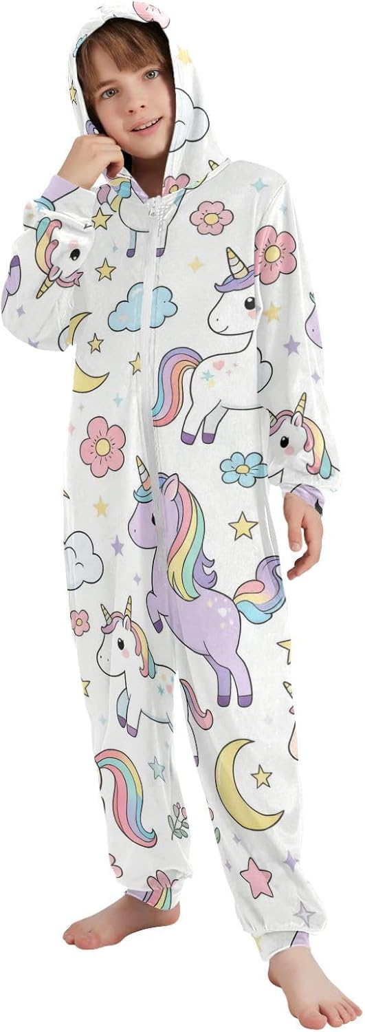 Cartoon Cute White UnicornUnisex Onesie PajamasSoft Warm Hooded Loungewear Sleepwearfor Christmas Home