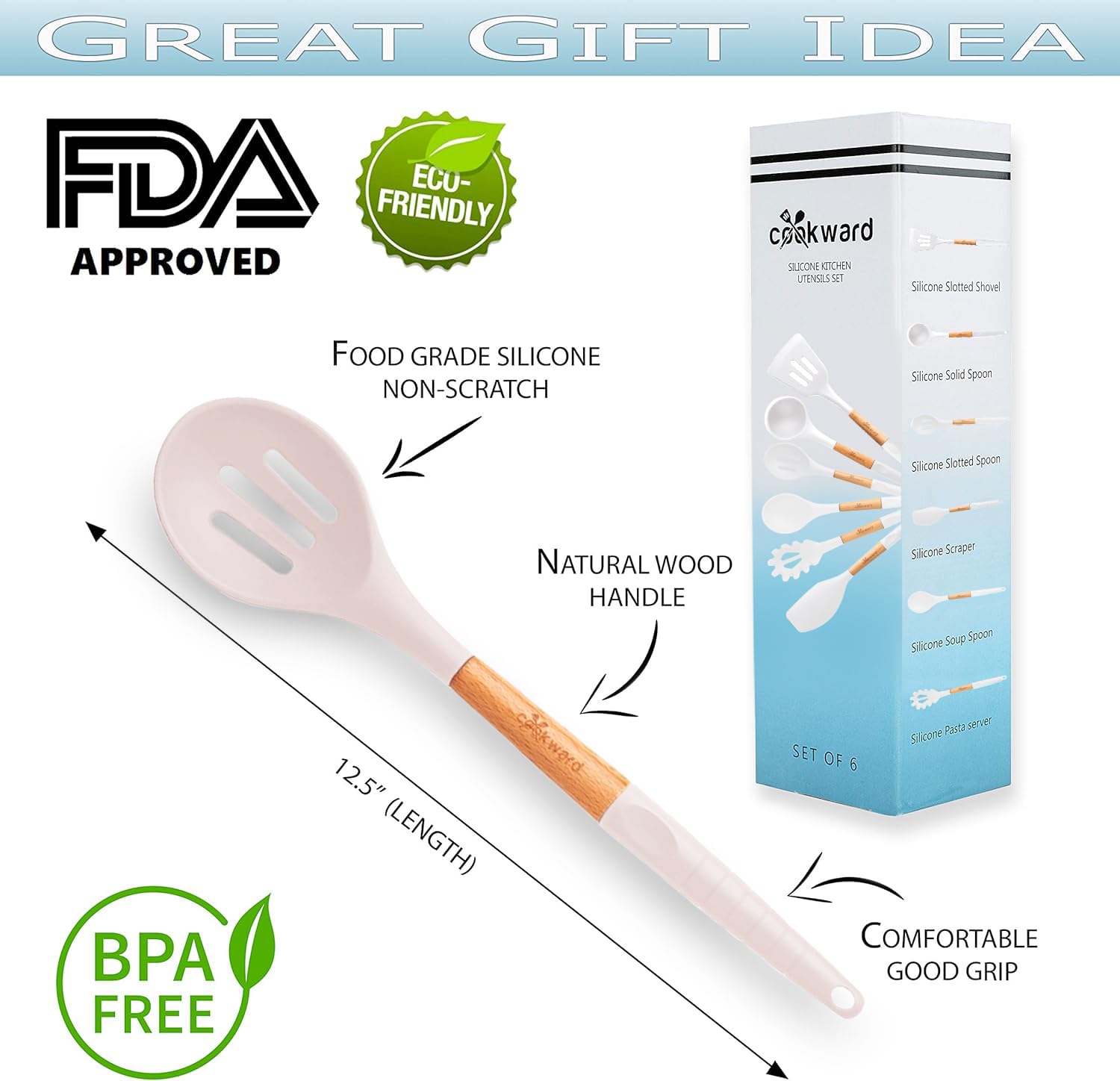 Juego de utensilios de cocina de silicona (6 piezas) de madera natural, ecológicos y sin BPA, antiarañazos y antiadherentes, de fácil agarre, color blanco