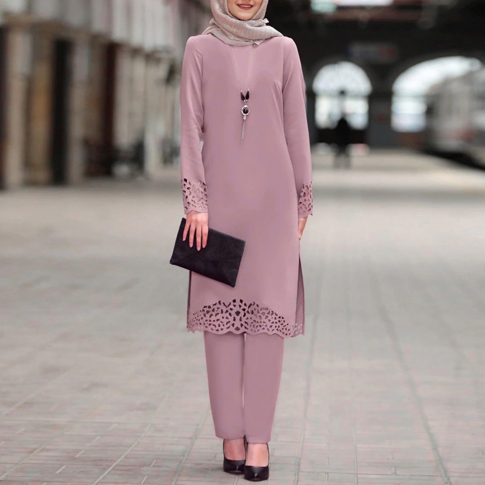 Générique Lot de 2 tuniques + pantalon long - Tenue de prière musulmane - Robe de prière musulmane - Pour femme - Manches longues - Ramadan Aïd Mubarak - Caftan
