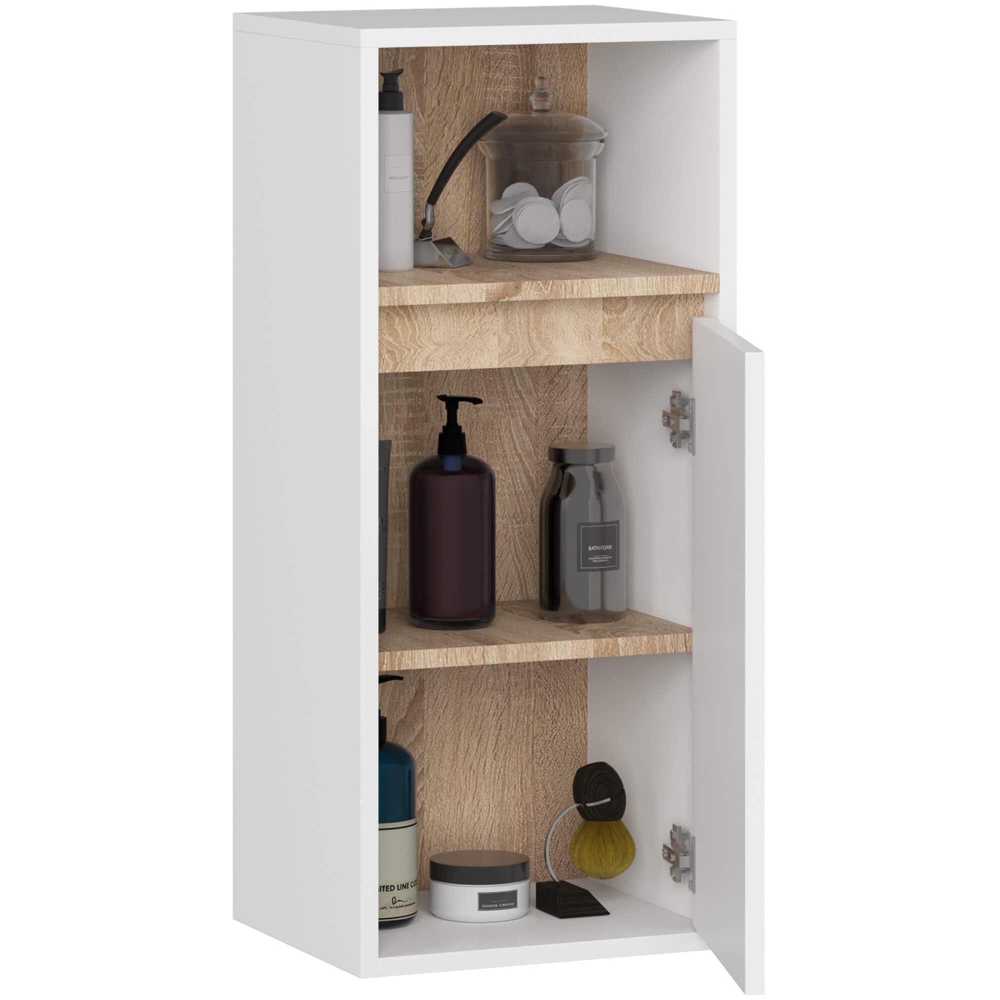 AKORD Pensile Bagno Sospeso VAMI 35 cm - 1 Anta 3 Ripiani - Mobiletto Salvaspazio da Parete - Design Moderno e Robusto in Pannelli Laminati - Arredo Bagno 35x80x30 cm - Bianco & Rovere Sonoma