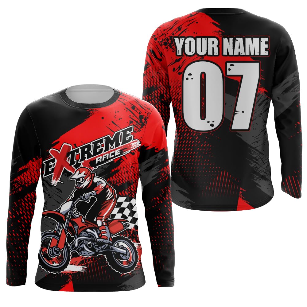 Motocross Racing Jersey UPF30+ Red&Black Custom Youth Dirt Bike Shirt Men Women Kid Extreme MX SX Off-Road XM11 (02)