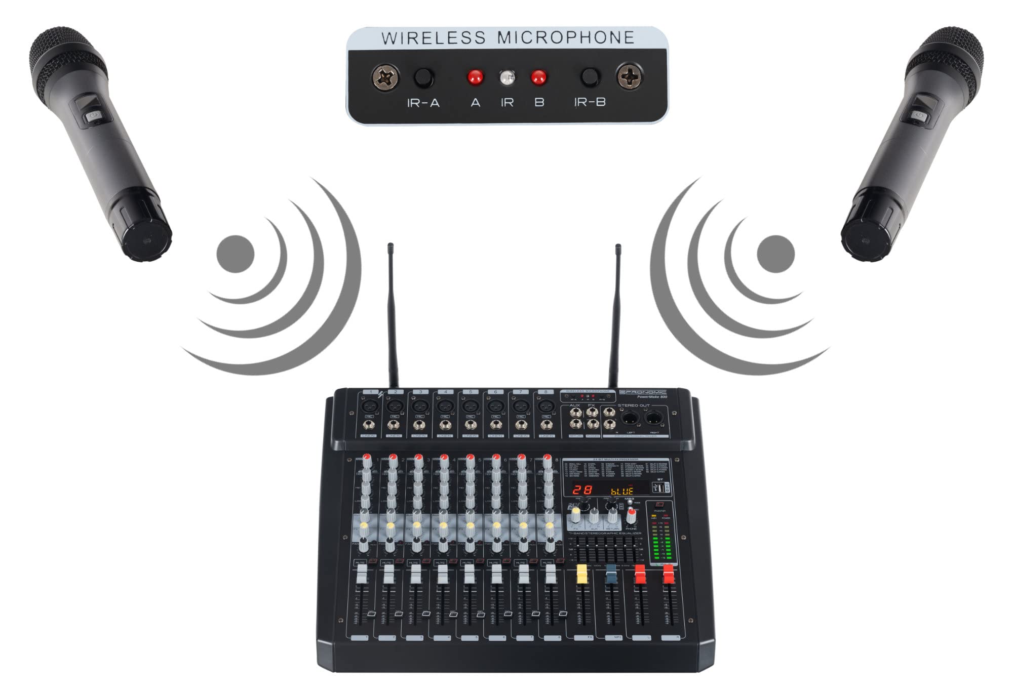 Pronomic Powermake 800 Powermischer - 8-Kanal-Mischpult - 2 UHF-Funkmikrofone - 760 Watt RMS-Leistung - 24Bit Multi-Effekt-Prozessor - Bluetooth®/USB-Player/Recorder - Grafischer Equalizer - Schwarz
