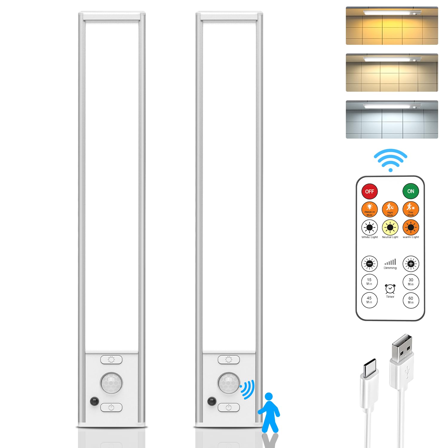 12" Under Cabinet Lights Wireless, Motion Sensor Light Indoor with Remote, LED Rechargeable Closet Light, 3 Color Temps, Dimmable, Magnetic, Under