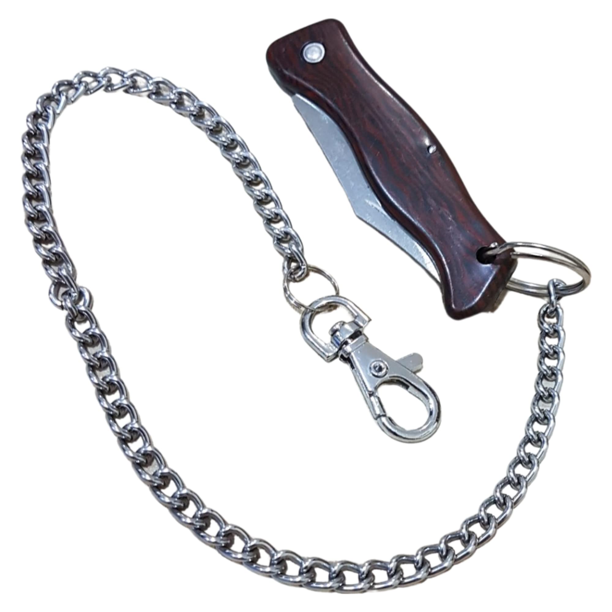 Portable Mini Pocket Knife Wooden Handle with Keychain Brown for Travel Trekking Hunting