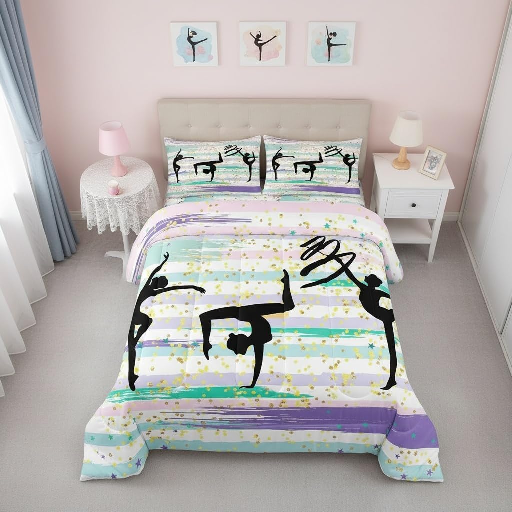 Castle Fairy Gymnastics Bedding Set Queen Size Gymnastics Lovers Girls Comforter Gymnast Silhouettes Comforter Set Pink Green Stripes Duvet Set 3Pcs Quilt Set 1 Comforter Set with 2 Pillowcase