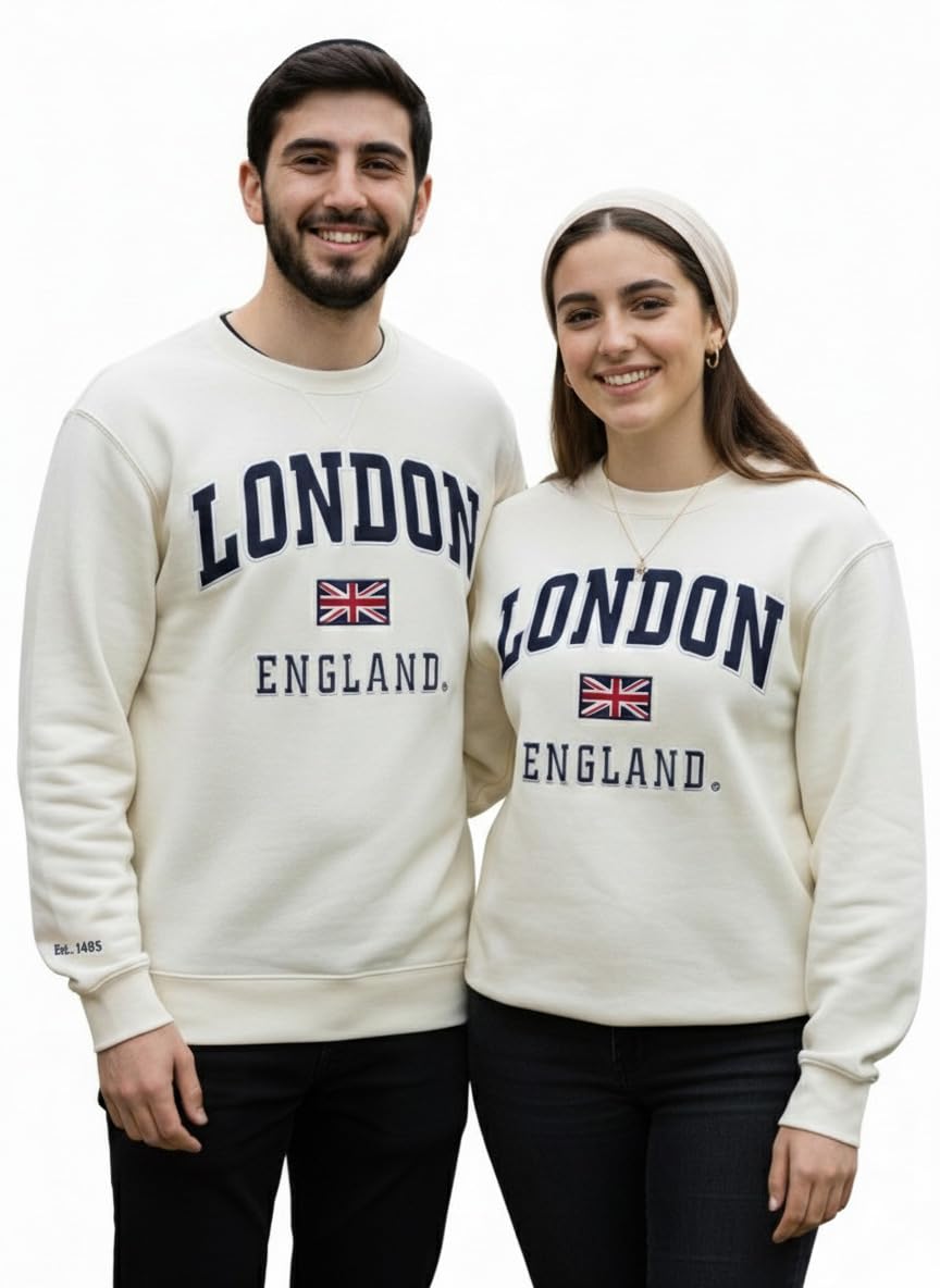 LE201OWN Unisex London England applique embroidery sweatshirt colour Off White navy embroidery Sizes XS to 4XL