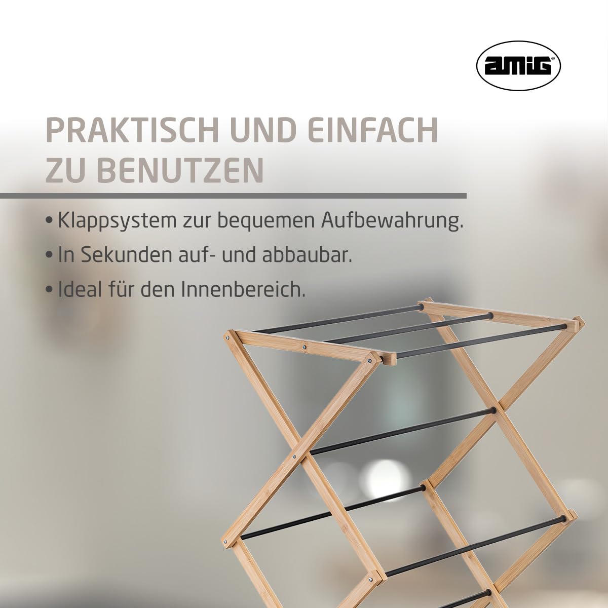 Amig - Vertikaler, klappbarer Turm-Wäscheständer Mod. Aeria ZenRack - Epoxidstahl und Bambus - Design-Wäschetrockner mit vertikaler Struktur - 5 m Trockenfläche - 54x36x106 cm - Farbe Schwarz/Bambus
