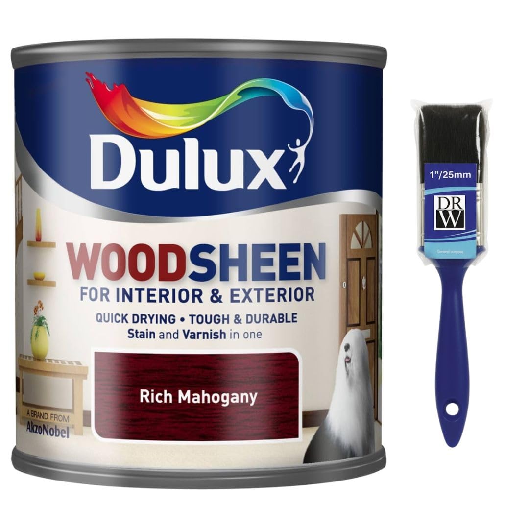 Woodsheen Stain and Varnish 250ml Rich Mahogany +1" Brush | Interior Wood Stain and Varnish | Satin Finish for Doors Skirting Furniture and Trim | Quick Dry Wood Protection