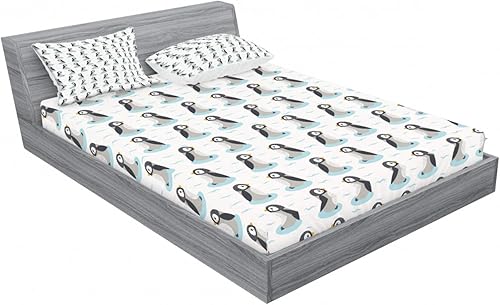 Miniatura 2 de Lunarable Penguin 2 Pack Fitted Sheet & Pillow Sham Set, Waves Sea Arctic Ocean Art, 4 Pcs Bedding Decor, Package Contains 2 King Size Fitted Sheets
