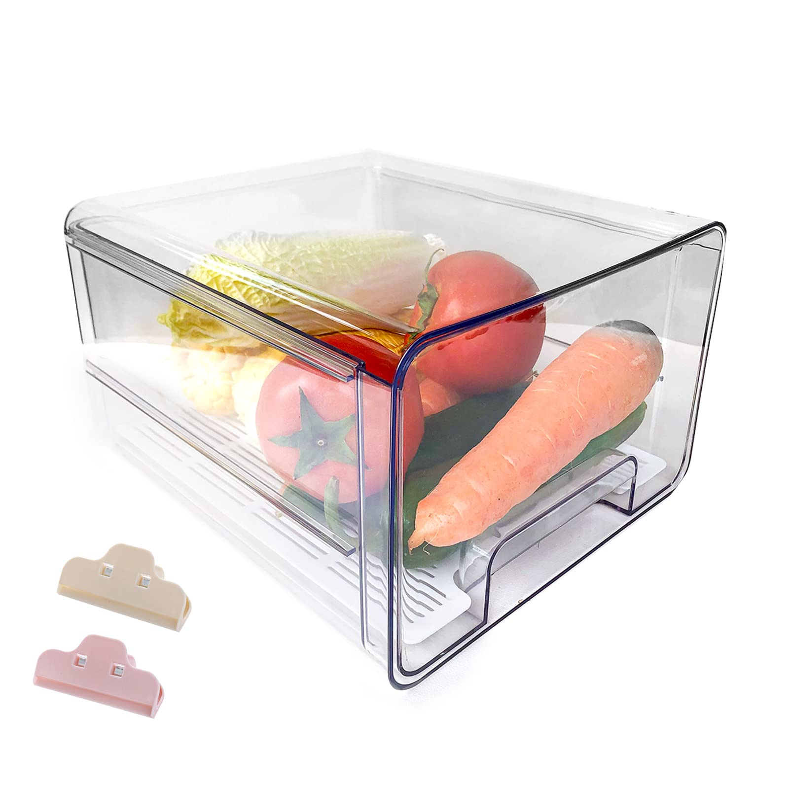 TuklyeRefrigerator drawer storage box, pull-out transparent drainable fruit and vegetable crisper transparent stackable storage rack refrigerator storage (Single Layer)