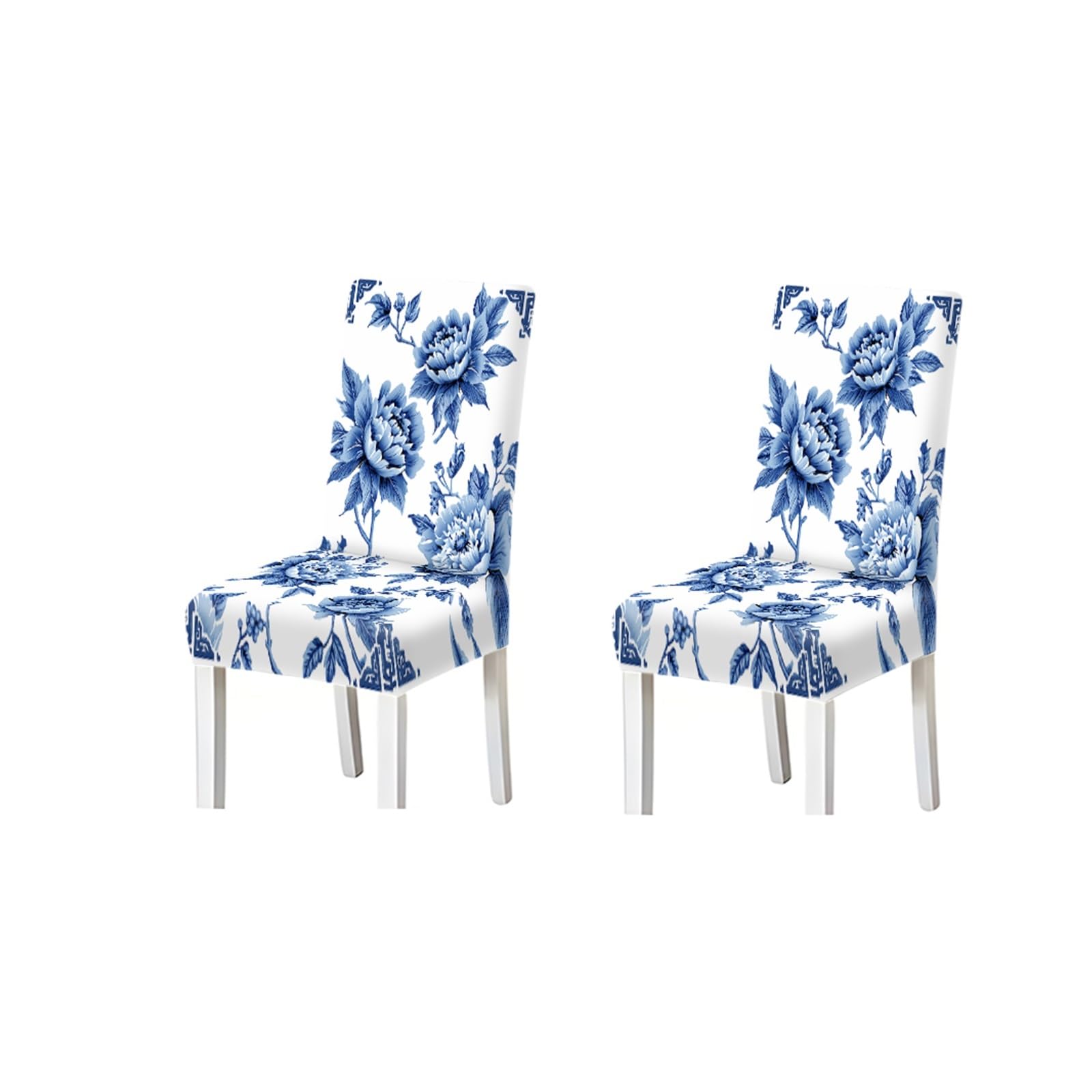 KXUAUV Blue White Chinoiserie Peony Print Dining Chair Covers Set Of 2/4/6, Stretch Slipcovers For Kitchen Dining Room Seat Protectors for Restaurant Hotel Party(2PCS Chair cover)