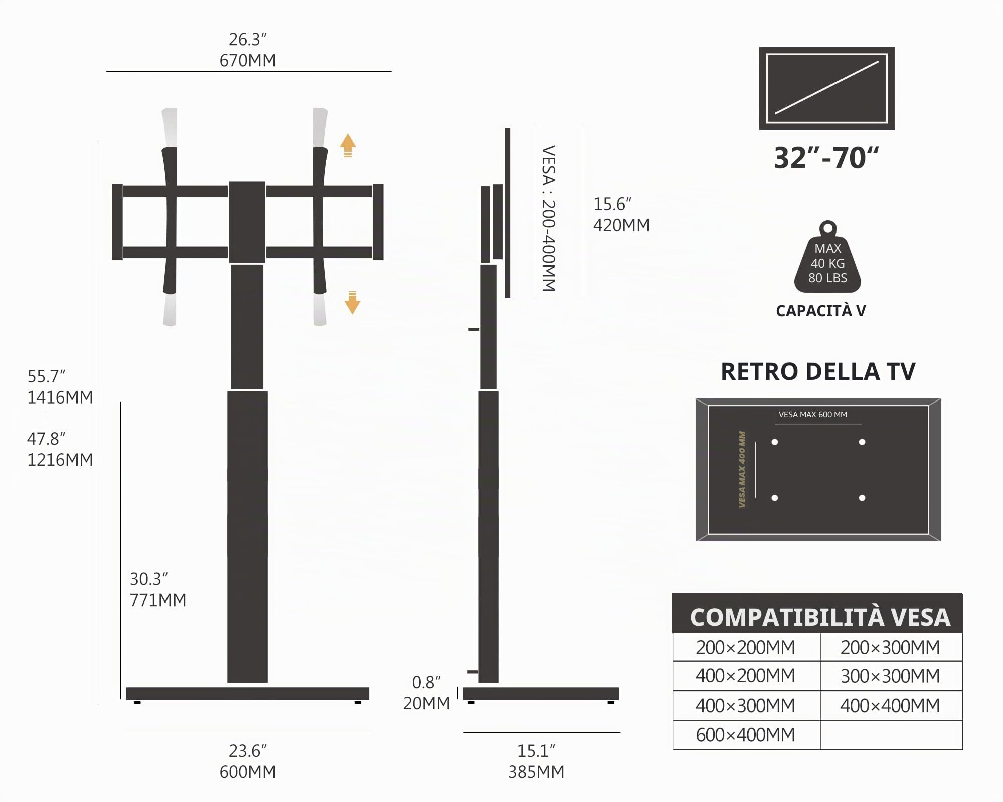 FITUEYES Supporto TV da Pavimento per 32-70 Pollici, 60° Girevole & 6 Altezza Porta TV da Terra con Legno Base, Supporto TV da Terra Max VESA 600x400mm 40kg (Bianco)