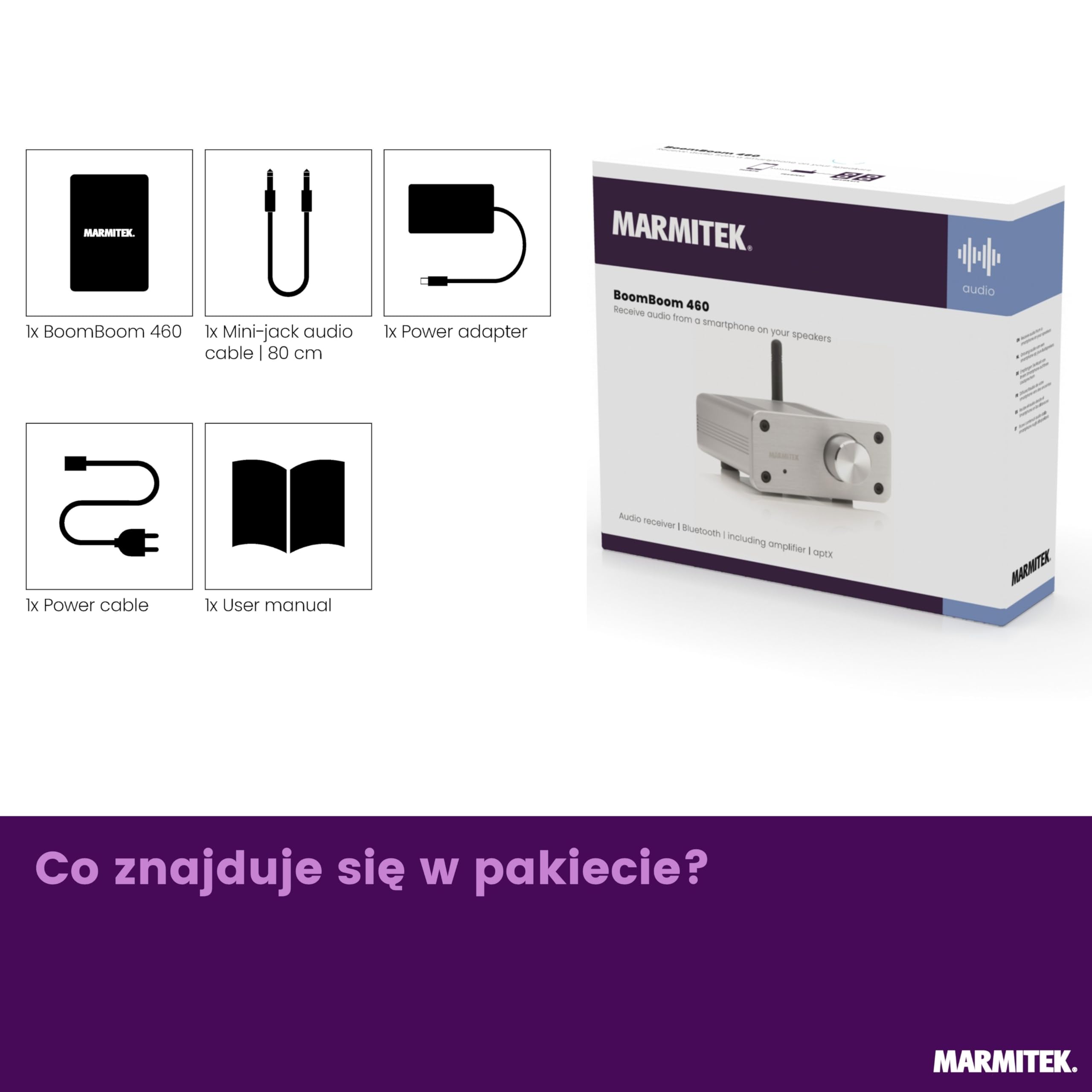 Marmitek BoomBoom 460 - Odbiornik Bluetooth z cyfrowym wzmacniaczem aptX | Audio receiver do głośników pasywnych, 2x20 W RMS, wejście AUX, wyjście głośnikowe i mini wzmacniacz stereo