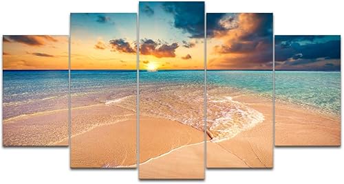 iKNOW FOTO Impresiones en lienzo divididas de 5 paneles grandes, playa tropical con arena blanca y turquesa transparente, arte de pared del océano,