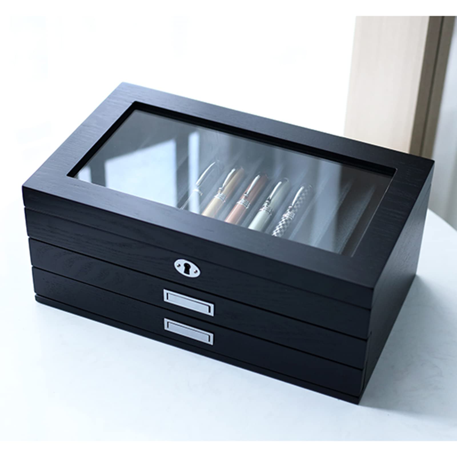 Stift-Präsentationsbox aus Holz, elegante Aufbewahrung für Füllfederhalter-Sammler mit Glasfenster und Schubladen, 3-stöckiger Organizer für Büro-Desktops und Schreibbedarf