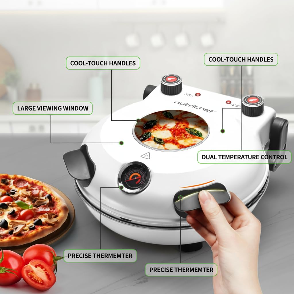 NutriChef Piekarnik elektryczny do pizzy 12” | Maker do pizzy na blat z kontrolą temperatury | Okno pieczenia | Podgrzewa do 800°F | Kamień nieprzywierający, łatwy do czyszczenia | Biały