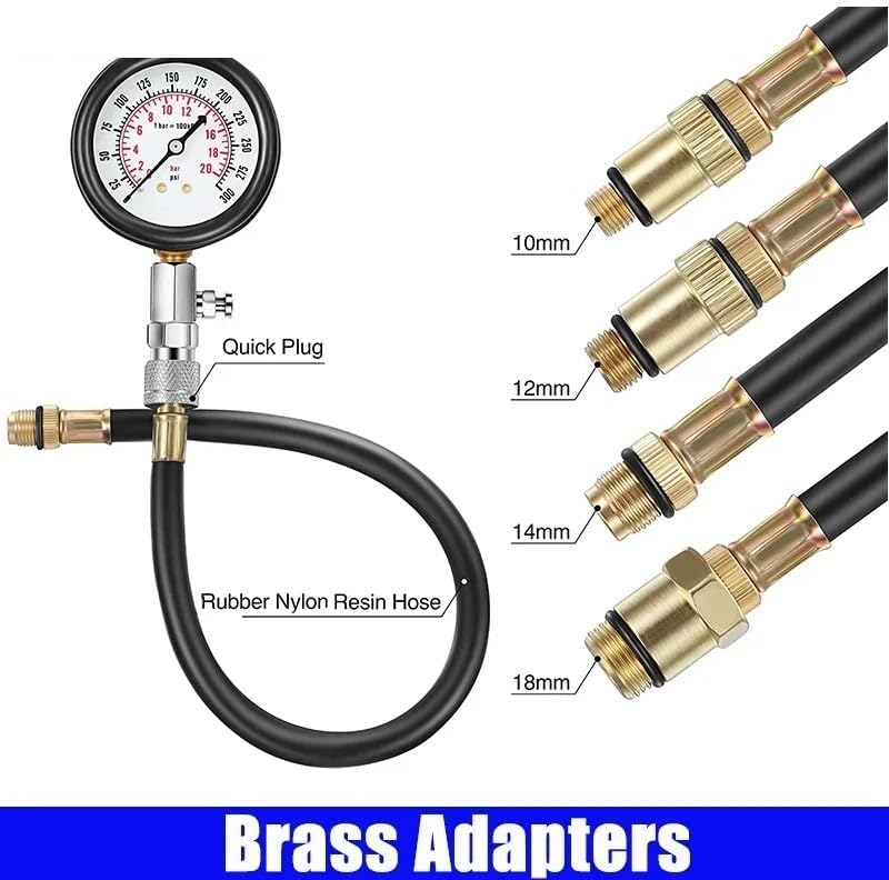 0-300PSI Gasoline Engine Compression Tester Kit Auto Petrol Gas Engine Cylinder Pressure Gauge with M10 M12 M14 M18 Adapter(Lengthen Lever)