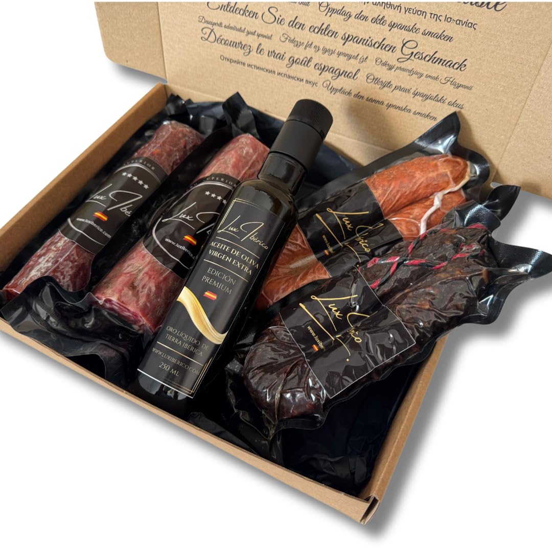 Caja Regalo Gourmet "Regina" - Embutido Ibérico, Morcilla y Aceite | Chorizo y salchichón ibérico de 500g, morcilla patatera, achorizada picante y aceite de oliva virgen extra.