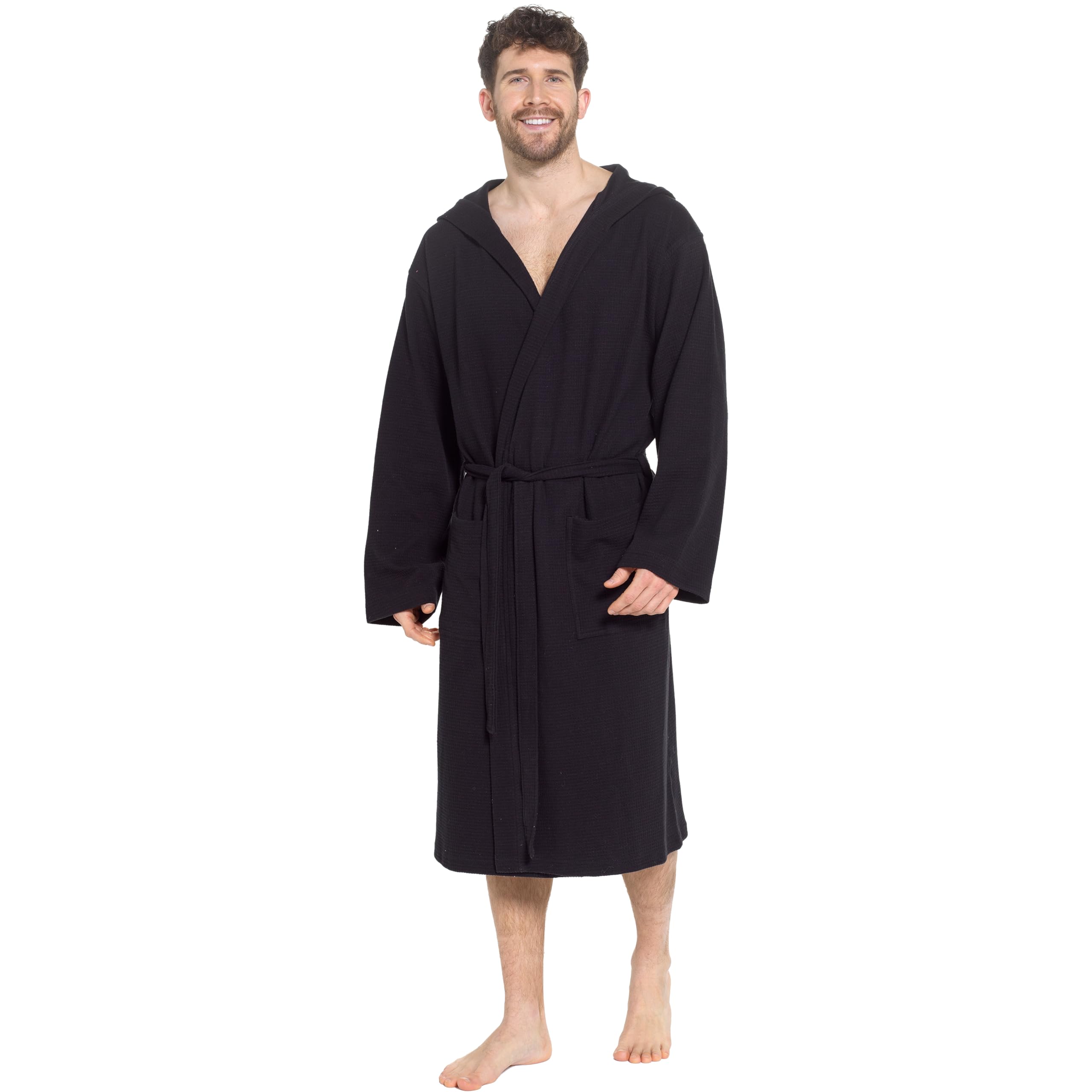 Sock Stack Men's Black Hooded Waffle Robe Dressing Gown Bathrobe For Super Absorbent Cotton Robes Spa Perfect For Home & Loungewear, L/Xl