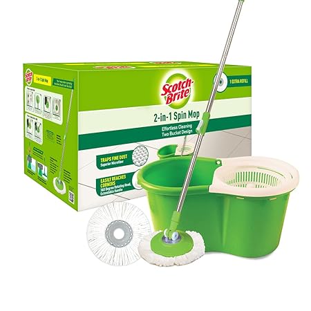 Scotch-Brite 2-in-1 Bucket Spin Mop (Green, 2 Refills), 4 Pcs