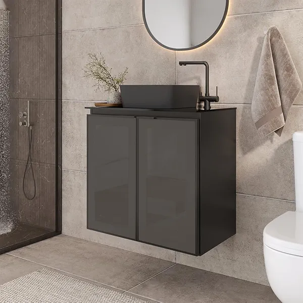 COZIMAX Umbu Combo Black Steel Bathroom Vanity Set 24" with Tempered Glass Countertop and Door, Black Square Ceramic Sink