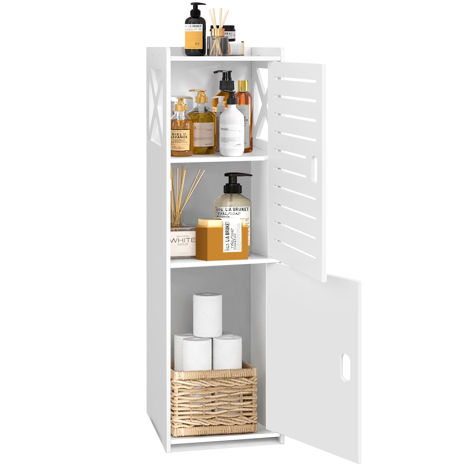 MOBPMO Bathroom Floor Cabinet Freestanding Double Door 3-Tier Side Storage Organizer Cabinet Cupboard, Multipurpose Cabinet for Home Office,9.44 * 8.66 * 29.5",White