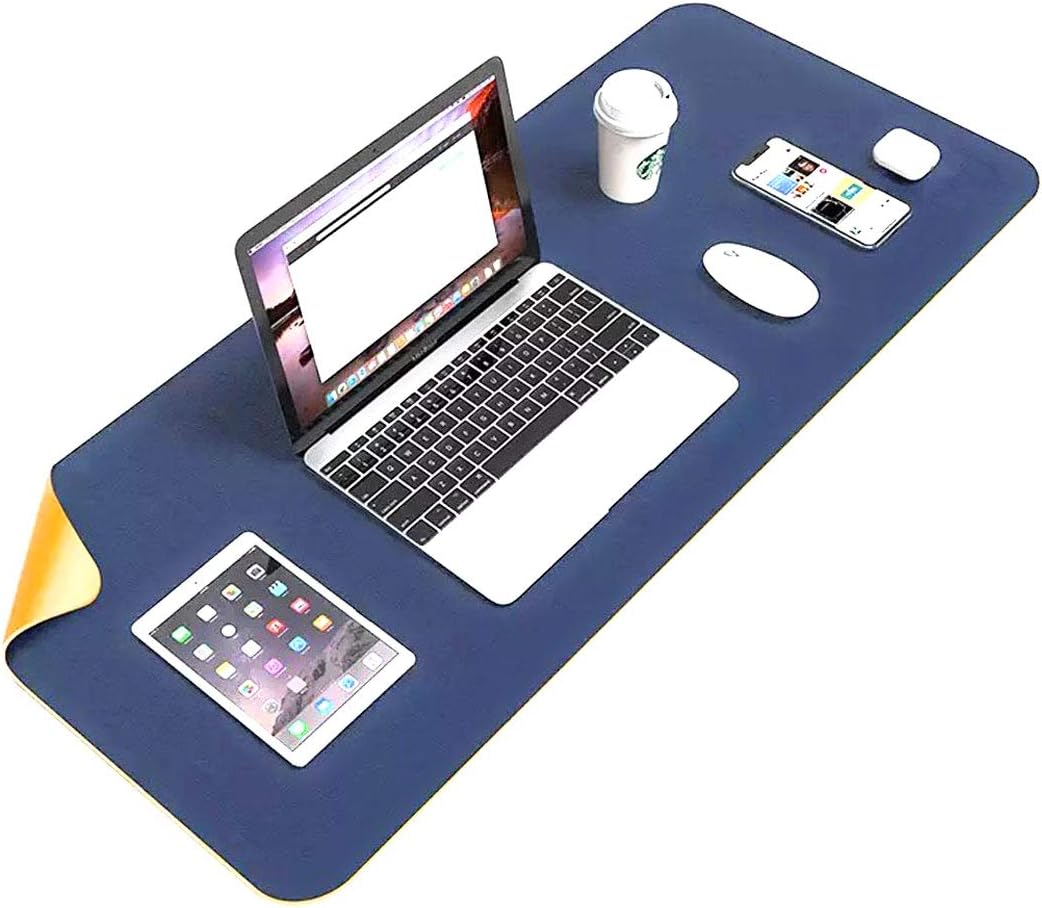 ColorBlocks Desk Pad, Office Desk Mat, 40cm x 80cm PU Leather Desk Blotter, Laptop Desk Mat, Waterproof Desk Writing Pad for Office and Home, Dual-Sided (Dark Blue & Yellow)