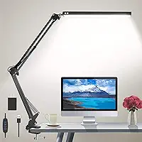 Lâmpada de mesa LED, luz de mesa ajustável para cuidados com os olhos com grampo, lâmpada de braço giratório inclui 3 modos de cor, 10 lâmpadas de mesa com função de memória,