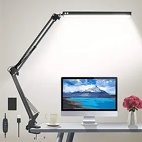 Lâmpada de mesa LED, luz de mesa ajustável para cuidados com os olhos com grampo, lâmpada de braço giratório inclui 3 modos de cor, 10 lâmpadas de mesa com função de memória,