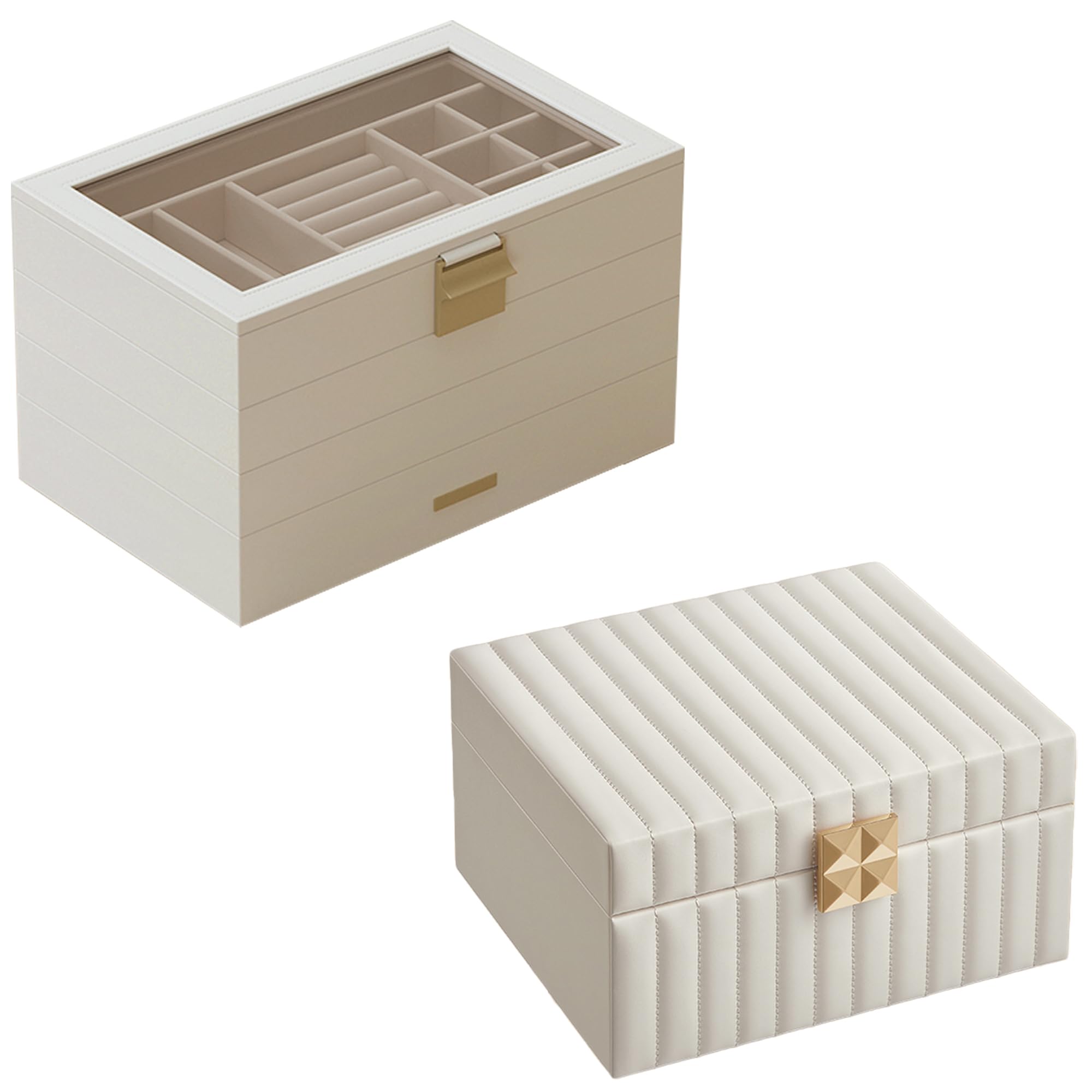 SONGMICS 4-Tier Jewelry Box with Glass Lid and 2-Tier Jewelry Organizer Bundle, with Drawers and Mirror, Removable Tray, Floating Effect, PU Surface, Cloud White UJBC164W01 and UJBC182W01