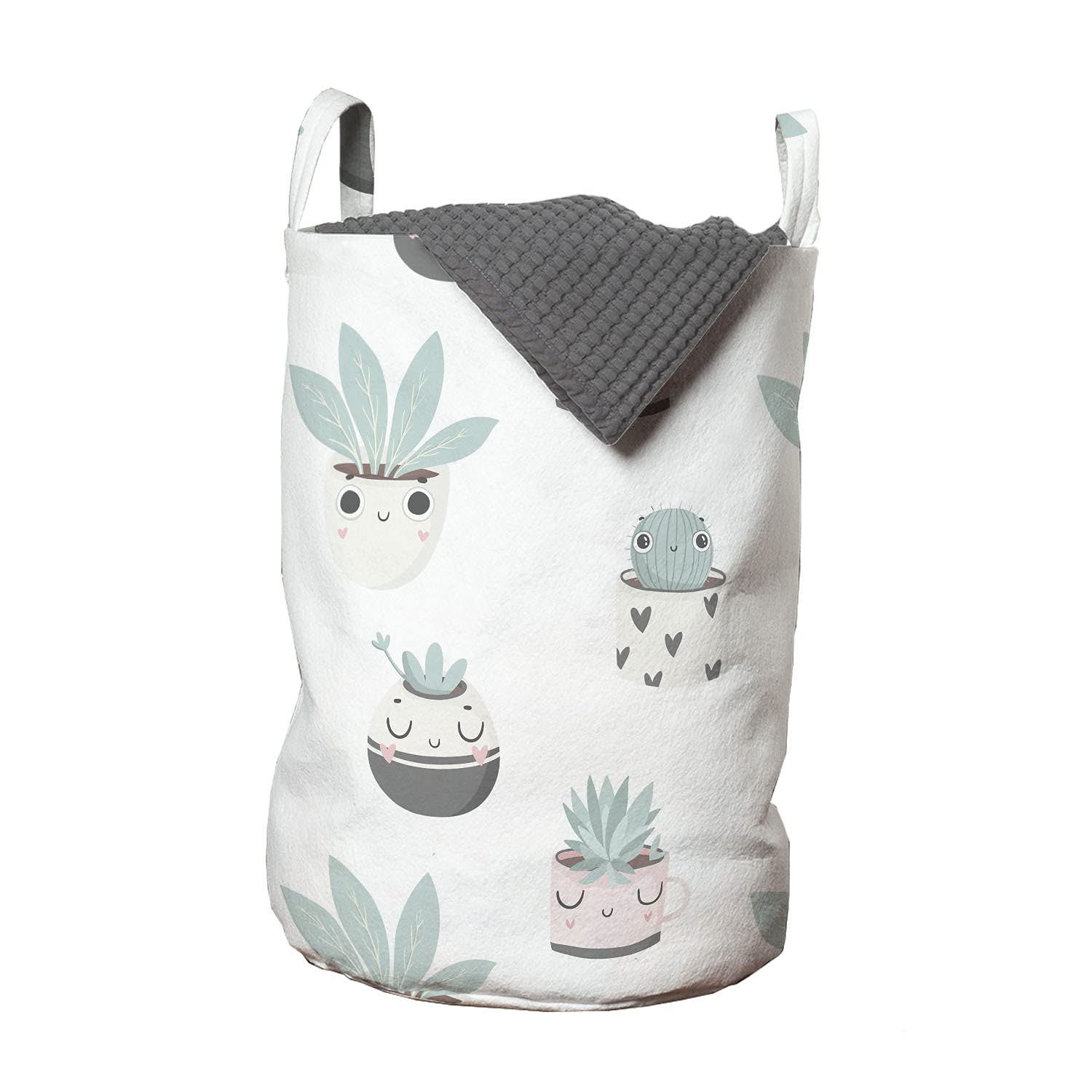 Ambesonne White Boho Laundry Bag, Kawaii Plants Big Eyes Ornamented Heart Shaped Pots Repeated Design, Hamper Basket with Handles Drawstring Closure