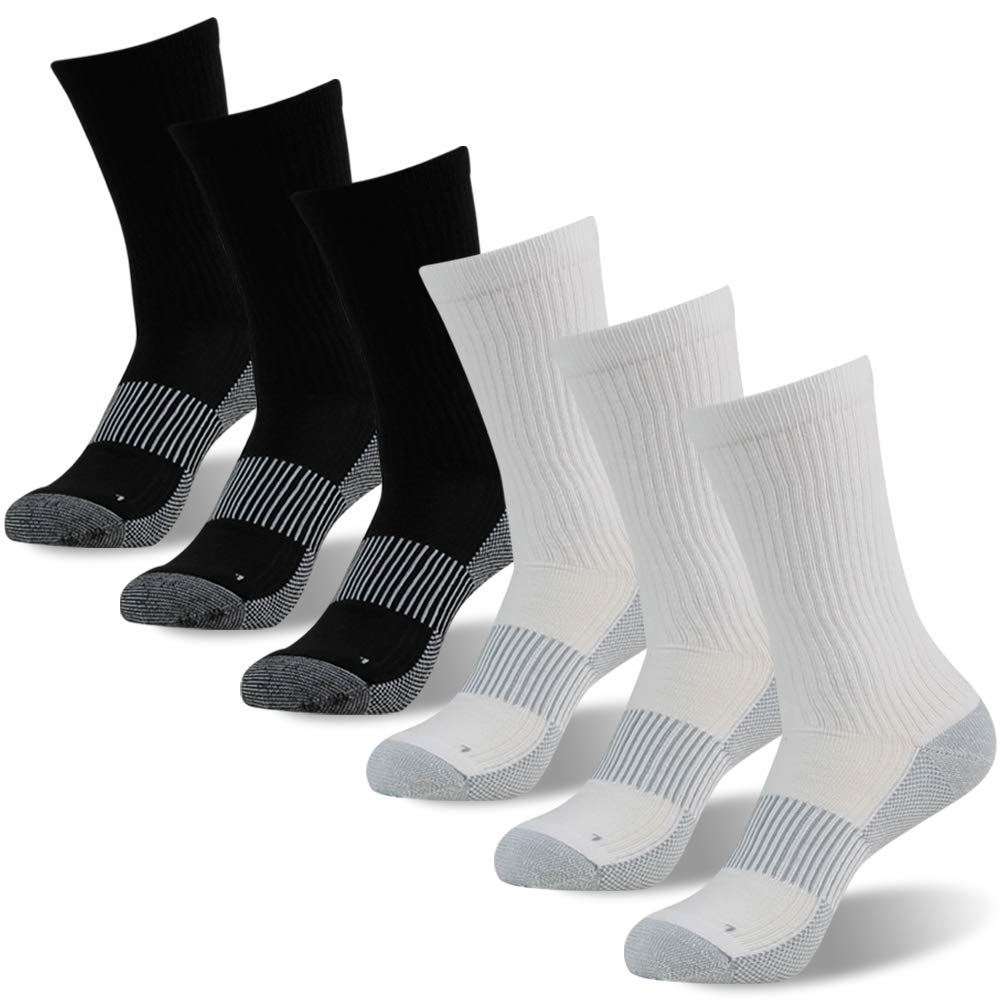 Copper Socks, FOOTPLUS Crew Breathable Anti Odor Running Socks, Home Work Wear Cushioned Sole Moisture Wicking Hiking Mountain Climbing Socks, Winter Warm Casual Socks, 3 White& 3 Black, Large