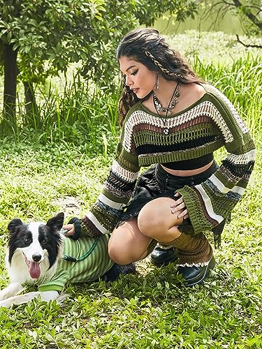 WDIRARA Women's Striped Crochet Shrug Boat Neck Crop Sweater Colorblock Drop Shoulder Pullovers Long Bell Sleeve Knit Tops3