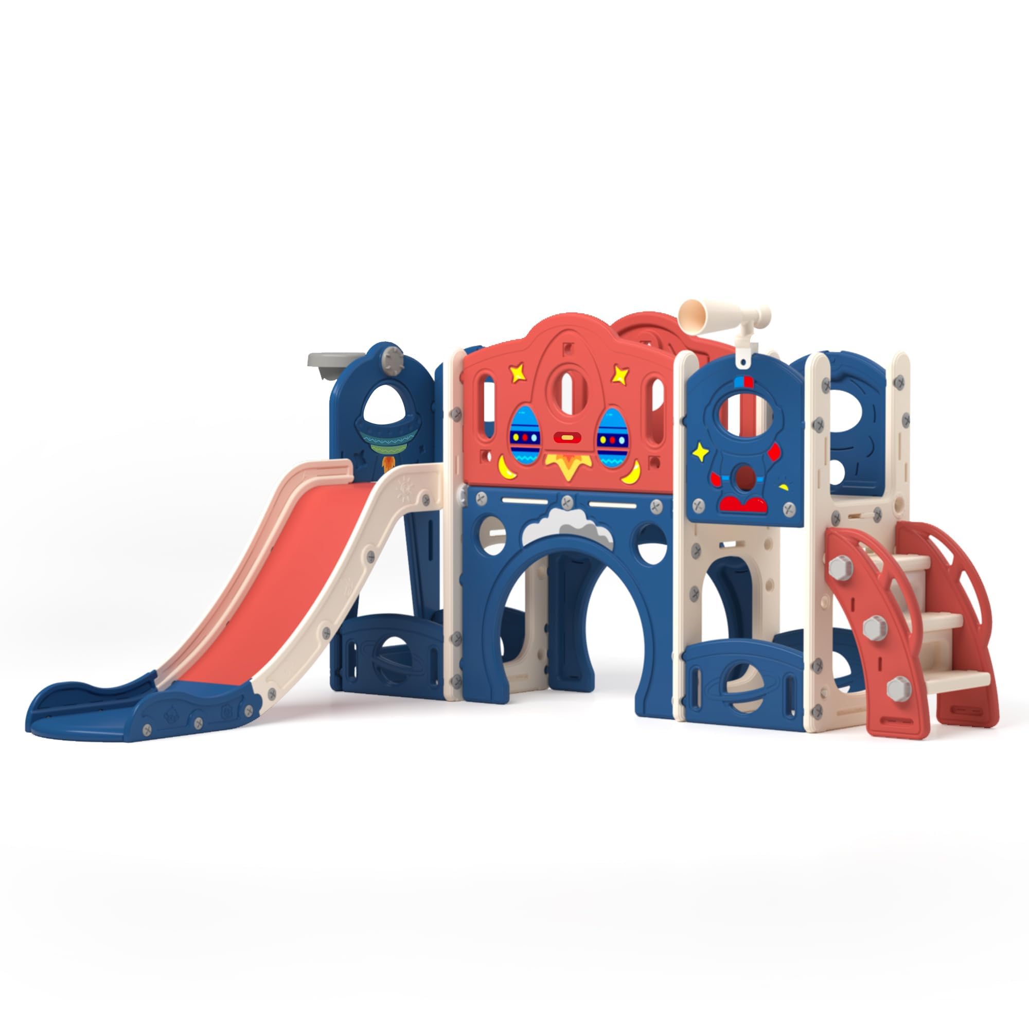 9-in-1 Toddler Slide with Climbing Ladder,Tunnel and Basketball Hoop, Indoor Outdoor Slide Set for Kids, Children's Play Equipment,Gifts for Kids Girls Boys Teen Ages 1-6 (Red and Blue Rockets)