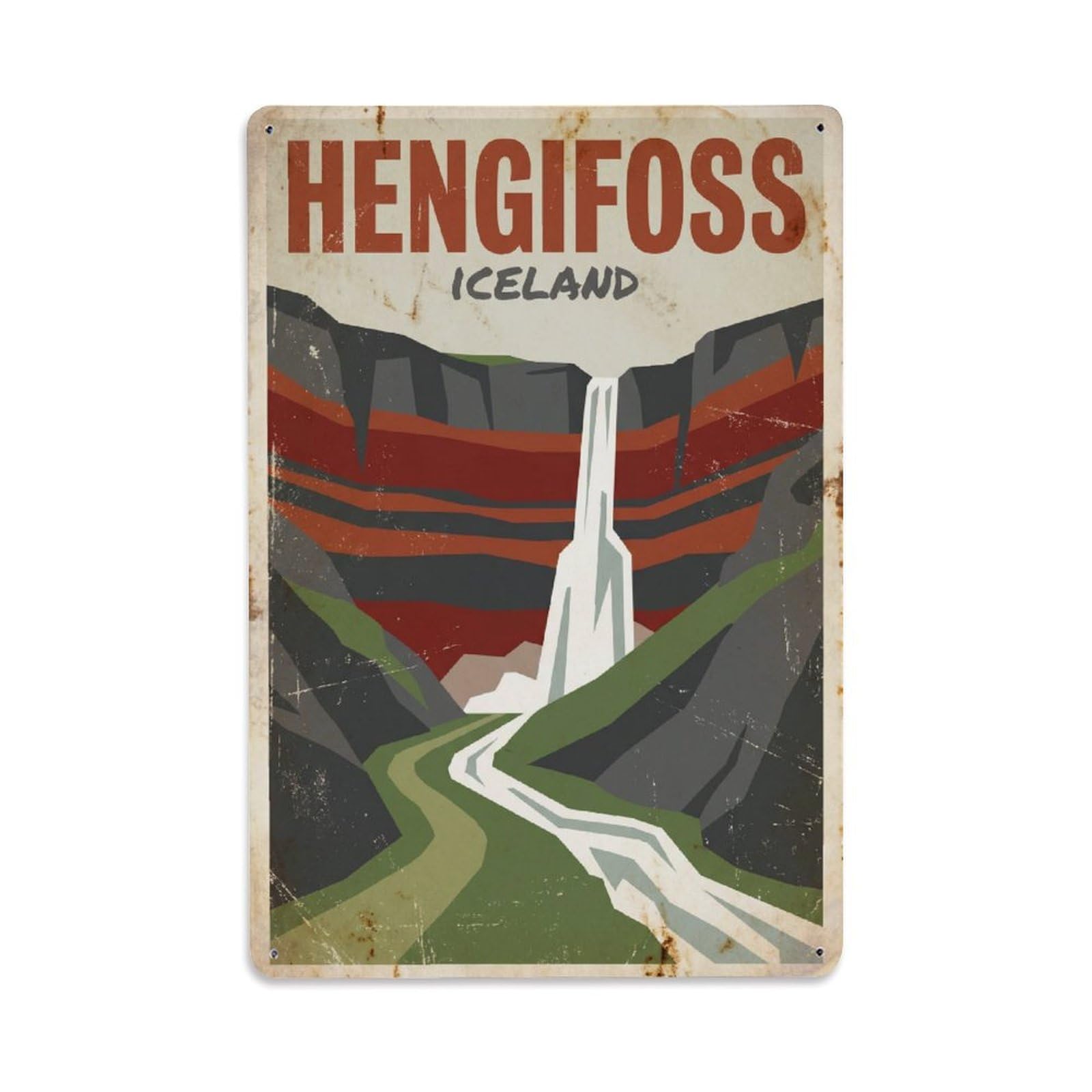 Vintage Travel Hengifoss Iceland Waterfall Metal Tin Sign