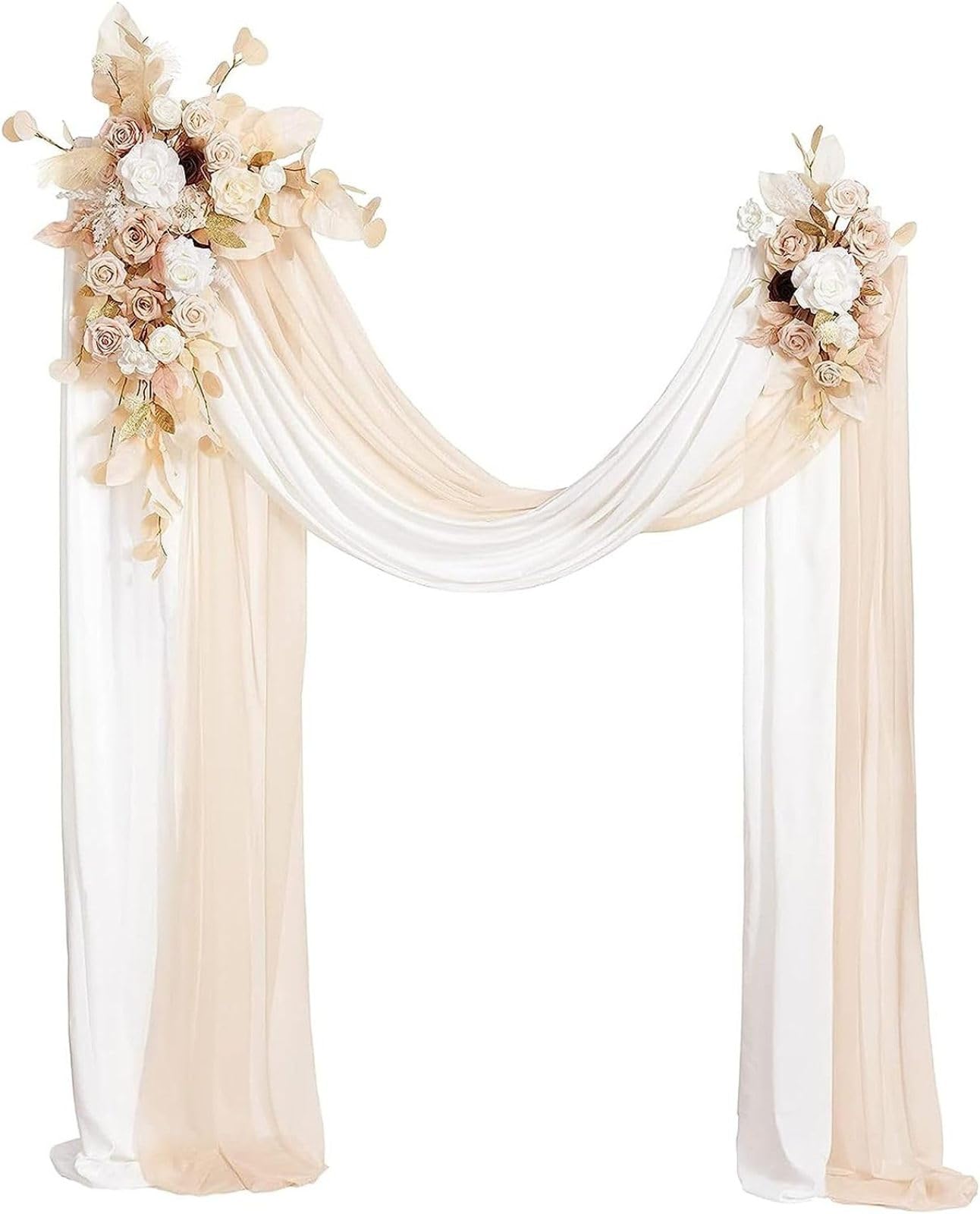 BRYER Künstlicher Hochzeitsbogen Mit Blumen-Set (4 Stück), Weiße Rosenblumen-Girlande Mit 2 Stück Weißen, Durchsichtigen, Drapierten Stoff-Blumengirlanden Für Die Hochzeitsdekoration