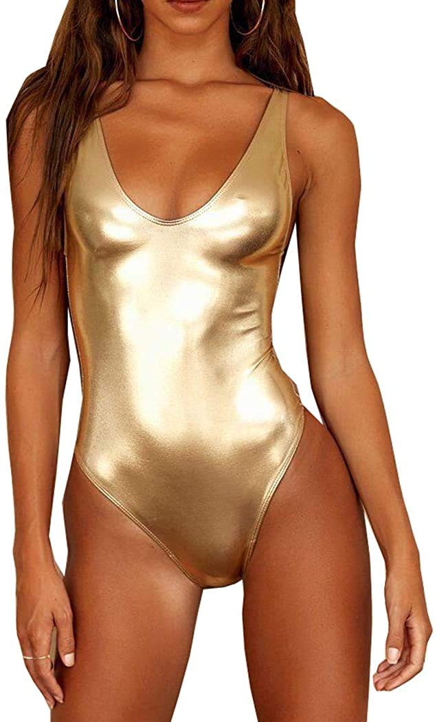 DADDY COME Metallic One-Piece Swimsuit, Scoop Neck, Sleeveless Design, Available in Gold and Silver |Women's Shiny Metallic Swimsuit-image-26